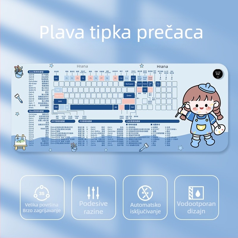 Velika grijana podloga za miš za stolno računalo s karikativnim dizajnom, podesiva temperatura, aluminijsko odvođenje topline, kožna površina