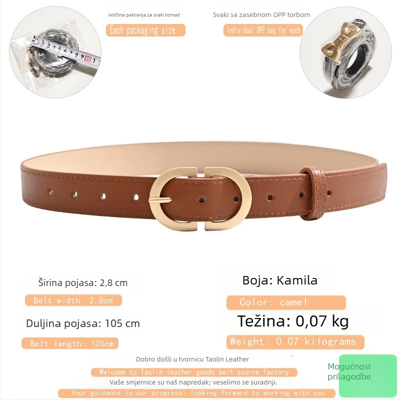 Ženski kaiš od PU kože s metalnom kopčom na iglu, širina 2–4 cm, elektroplatirani završetak