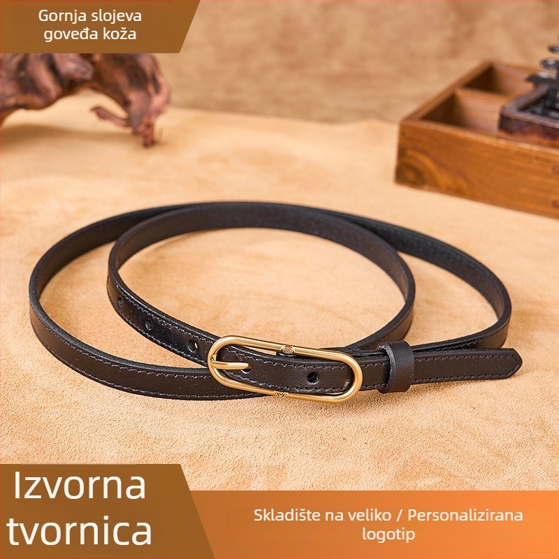 Cassia Ženski tanak kaiš od prvog sloja kože s kopčom na pin, za suknje — vintage, književno retro stil, širina <2 cm, kopča od legiranog materijala, biljna obrada kože