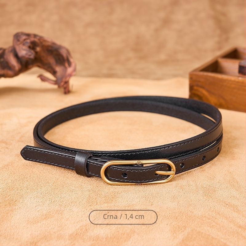 Cassia Ženski tanak kaiš od prvog sloja kože s kopčom na pin, za suknje — vintage, književno retro stil, širina <2 cm, kopča od legiranog materijala, biljna obrada kože