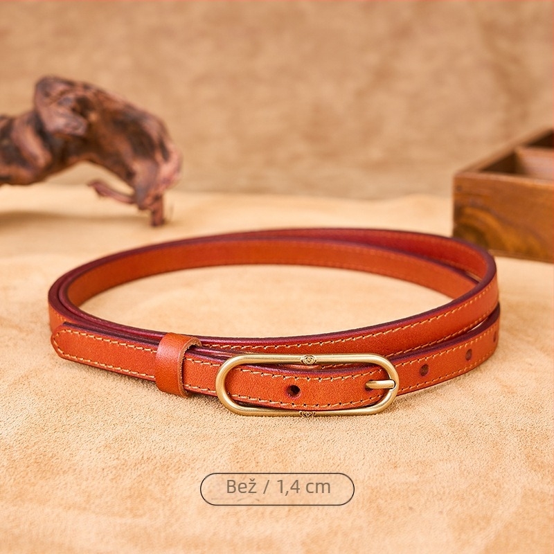 Cassia Ženski tanak kaiš od prvog sloja kože s kopčom na pin, za suknje — vintage, književno retro stil, širina <2 cm, kopča od legiranog materijala, biljna obrada kože