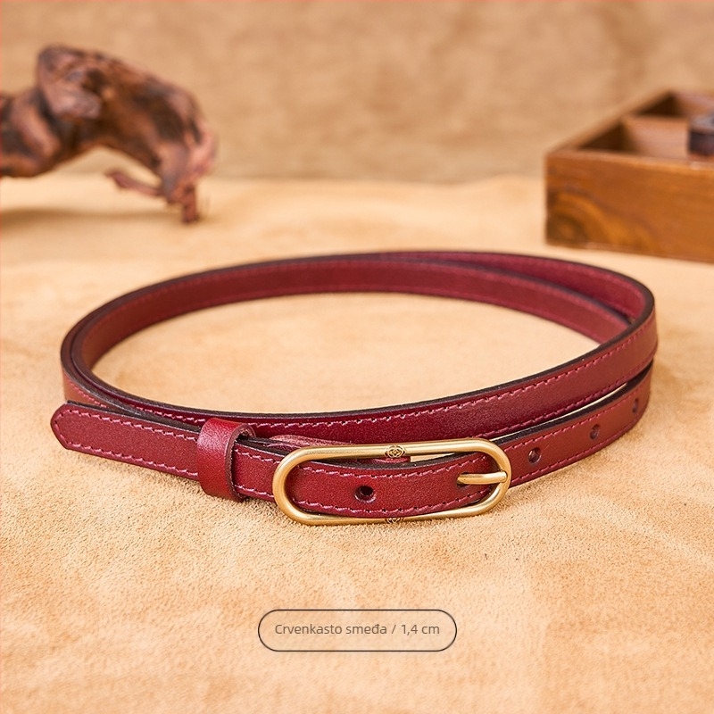 Cassia Ženski tanak kaiš od prvog sloja kože s kopčom na pin, za suknje — vintage, književno retro stil, širina <2 cm, kopča od legiranog materijala, biljna obrada kože