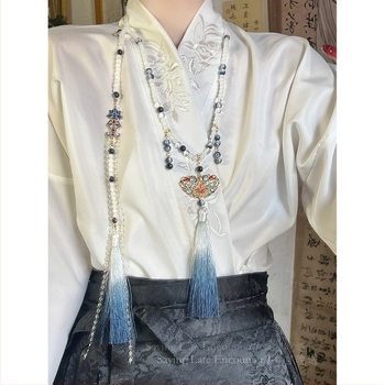 Ogrlica u starinskom stilu s umjetnim perlama, Liuli privjesak, uvijeni lančić, višeslojna, oblik U