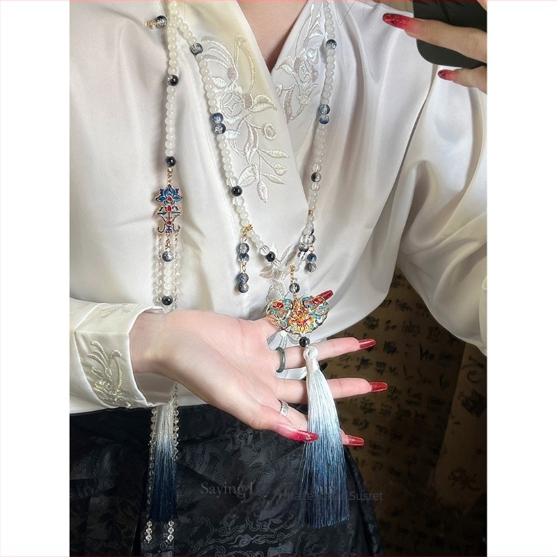 Ogrlica u starinskom stilu s umjetnim perlama, Liuli privjesak, uvijeni lančić, višeslojna, oblik U