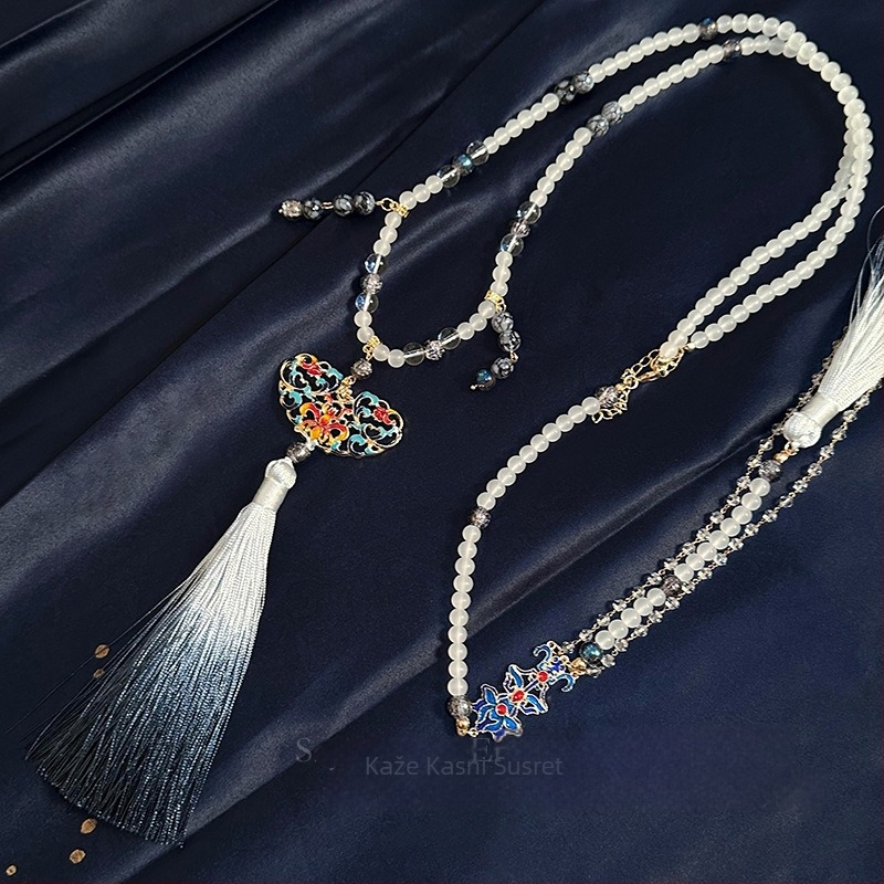 Ogrlica u starinskom stilu s umjetnim perlama, Liuli privjesak, uvijeni lančić, višeslojna, oblik U