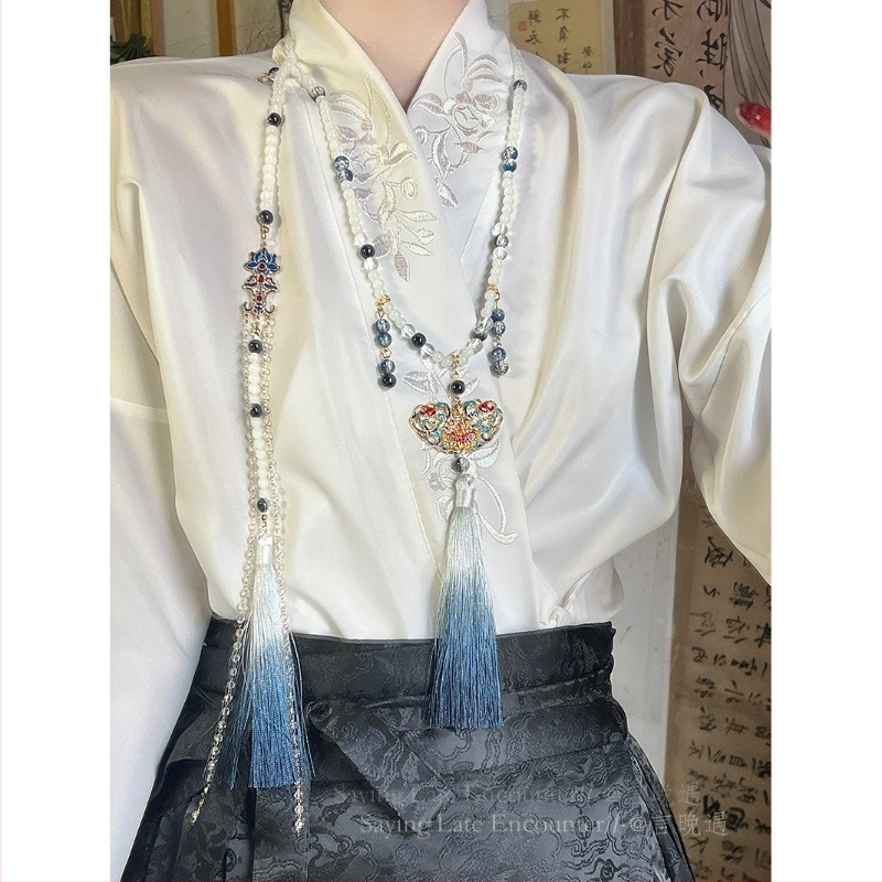 Ogrlica u starinskom stilu s umjetnim perlama, Liuli privjesak, uvijeni lančić, višeslojna, oblik U