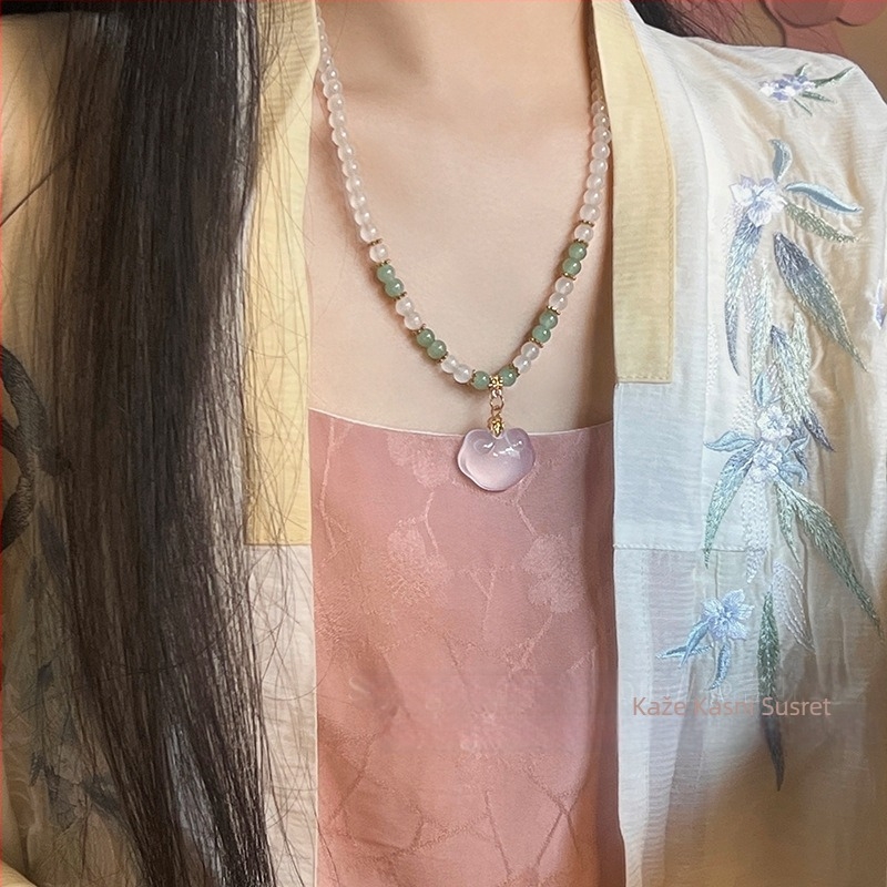 Ogrlica u starinskom stilu s umjetnim perlama, Liuli privjesak, uvijeni lančić, višeslojna, oblik U