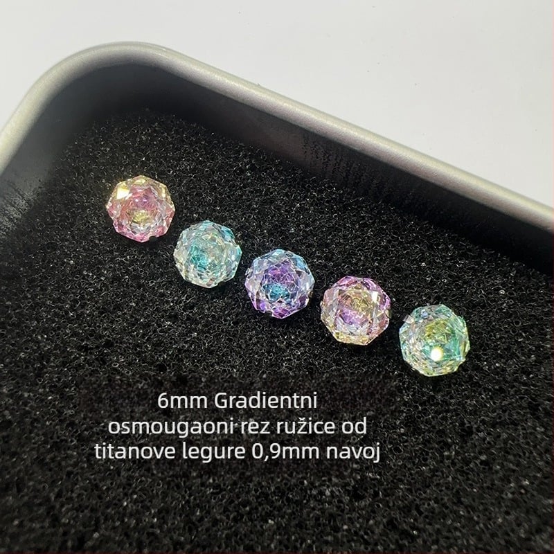 Naušnice od titanijevog legura G23, gradientni osmerokutni rose-cut dizajn, 0,9 mm šipka, polirane, unisex