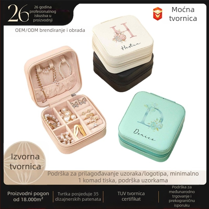 CASEGRACE Kutija za nakit s prilagodbom logotipa – DIY 26 engleskih inicijala, Kvadratni prijenosni dizajn, Materijal: Cortical, Stil: Korejski, Model sp01212-zgc