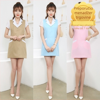 Uniforma s predložkom za salone ljepote i osoblje — ženski model; otporna na ulja i dezinficiranje; tkanina: viskoza; sekundarna tkanina: gruba vlakna; udio glavnog 30%, sekundarnog 25%; pogodno za medicinsku odjeću/bijeli kaput; sve sezone