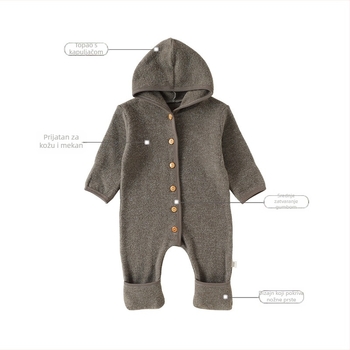 Kombinezon s kapuljačom za bebe - unisex, dugi rukavi; za uzrast 1–3 godine; glavna tkanina: 78% akril, 19,5% najlon, 2,5% spandex