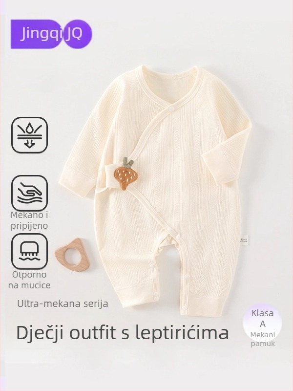 Novorođeni body od 100% pamuka s jacquardom leptira, bočno zatvaranje, dugi rukavi, unisex, bez kapuljače, pogodno za proleće, jesen i zimu.