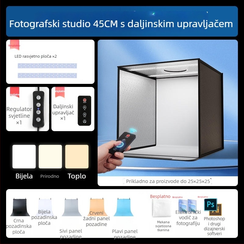 Kompaktna studijska kutija za fotografiju s sklopivim LED pozadinskim kutijom, bez sjena, za still life i fotografiranje nakita