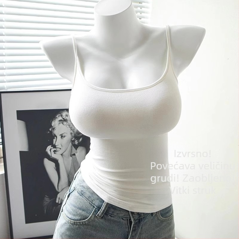 Ženski tank top s ugrađenim jastučićima za prsa, dvostruke naramenice, slim fit, visokoza, japansko-korejski opušten stil (ljeto 2025)