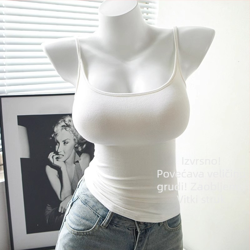 Ženski tank top s ugrađenim jastučićima za prsa, dvostruke naramenice, slim fit, visokoza, japansko-korejski opušten stil (ljeto 2025)