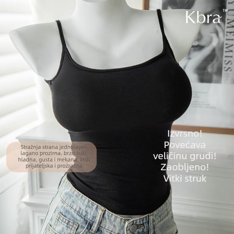 Ženski tank top s ugrađenim jastučićima za prsa, dvostruke naramenice, slim fit, visokoza, japansko-korejski opušten stil (ljeto 2025)