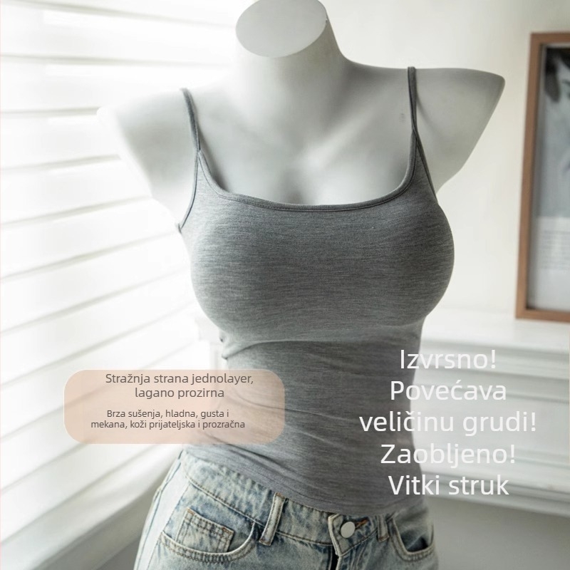 Ženski tank top s ugrađenim jastučićima za prsa, dvostruke naramenice, slim fit, visokoza, japansko-korejski opušten stil (ljeto 2025)