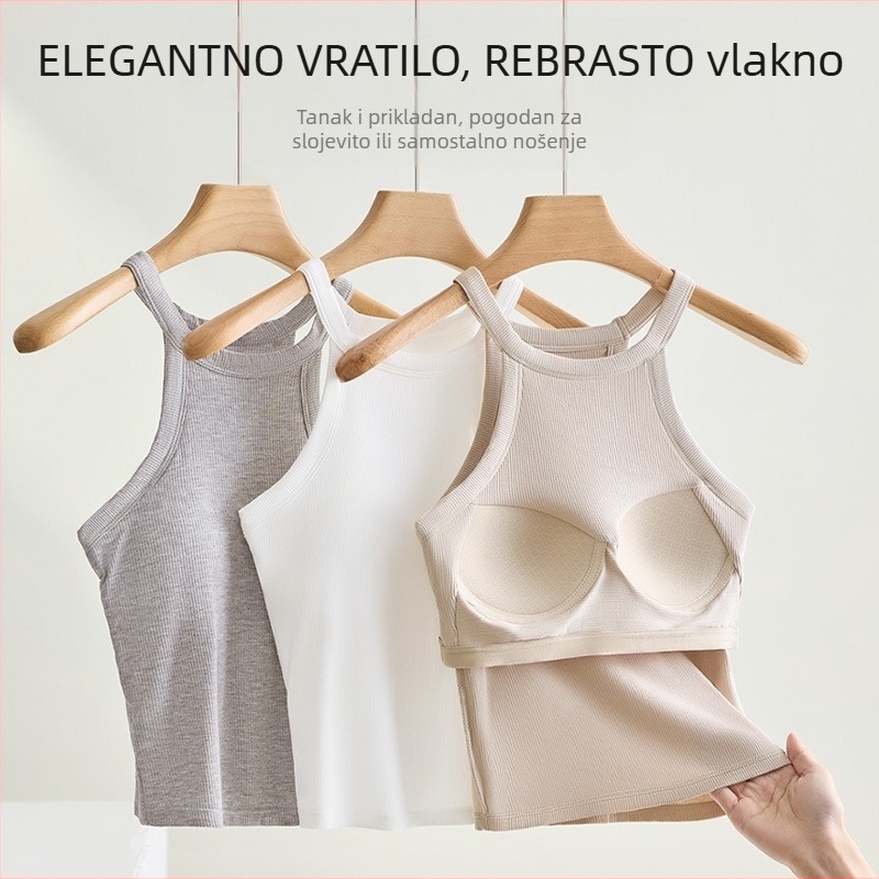 Halter top s ugrađenim pamukastim jastučićima; materijal: viskoza (95–100% viskoze); debljina tkanine: umjerena (181–200 g/m²); izrez: kružni; stil: halter, svestran