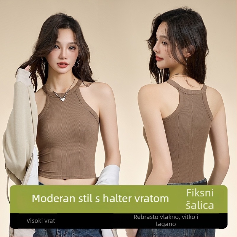 Halter top s ugrađenim pamukastim jastučićima; materijal: viskoza (95–100% viskoze); debljina tkanine: umjerena (181–200 g/m²); izrez: kružni; stil: halter, svestran