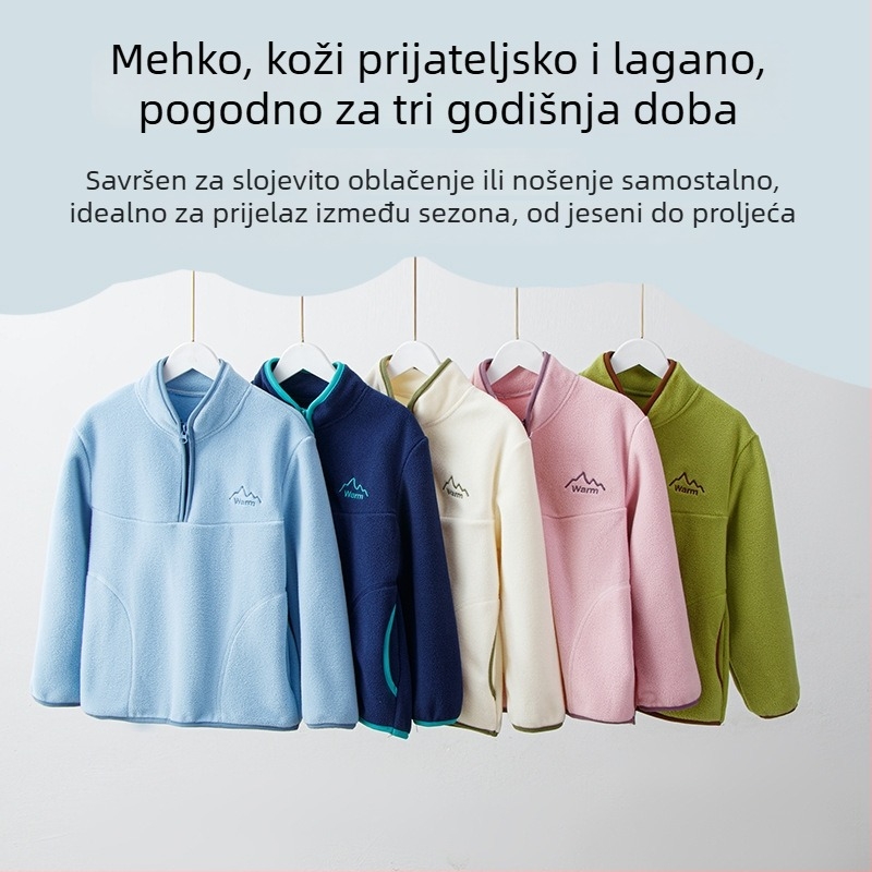Dječji fleece pulover, unisex, dugi rukavi, bez kapulje, fleece materijal s poliesterom podlogom, pogodan za jesen-zimu-proljeće