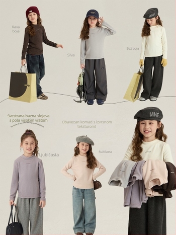 Dječja bazna majica s polustojnim ovratnikom, dugi rukav, mekani fleece materijal, visoko 51% viskoza, 30% akril, 10% poliester, spandeks 9%, zima 2025, korejski stil, unisex, za dob 3–8 godina