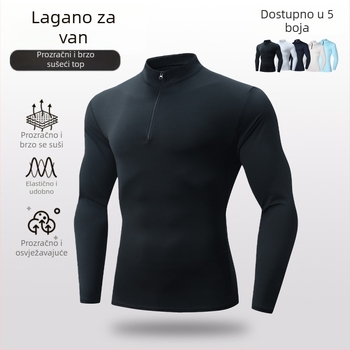 Muška sportna majica sa uskim krojem, brzo sušeća, dugi rukav, stojeći ovratnik, za trčanje, vožnju biciklom i skijanje; prozračna i elastična.