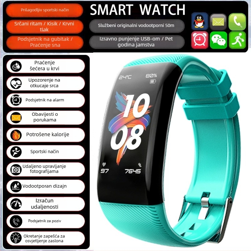 Pametni sat s brojanjem koraka i praćenjem otkucaja srca (Brand: Zealcandor; Remen: silikon; Kućište: plastika; Značajke: brojanje koraka, praćenje otkucaja srca)