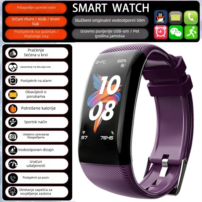 Pametni sat s brojanjem koraka i praćenjem otkucaja srca (Brand: Zealcandor; Remen: silikon; Kućište: plastika; Značajke: brojanje koraka, praćenje otkucaja srca)