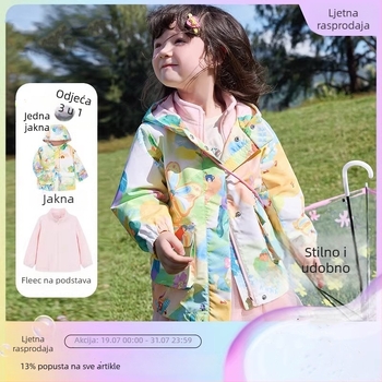 Dječja jakna za aktivnosti na otvorenom – dvodijelni komplet, vodootporna do 1000 mm, topla s flek podstavom, otporna na vjetar, kapuljača s mogućnošću odvajanja, najlon tkanina, Cartoon uzorak, za uzrast 3–4 godine (vodootporna do 1000 mm, topla s fleis p