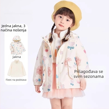 Dječja jakna za aktivnosti na otvorenom – dvodijelni komplet, vodootporna do 1000 mm, topla s flek podstavom, otporna na vjetar, kapuljača s mogućnošću odvajanja, najlon tkanina, Cartoon uzorak, za uzrast 3–4 godine (vodootporna do 1000 mm, topla s fleis p
