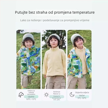 Dječja jakna za aktivnosti na otvorenom – dvodijelni komplet, vodootporna do 1000 mm, topla s flek podstavom, otporna na vjetar, kapuljača s mogućnošću odvajanja, najlon tkanina, Cartoon uzorak, za uzrast 3–4 godine (vodootporna do 1000 mm, topla s fleis p