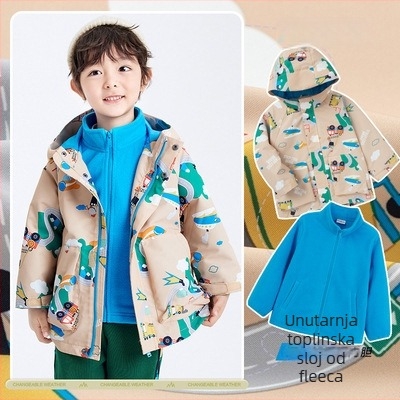 Dječja jakna za aktivnosti na otvorenom – dvodijelni komplet, vodootporna do 1000 mm, topla s flek podstavom, otporna na vjetar, kapuljača s mogućnošću odvajanja, najlon tkanina, Cartoon uzorak, za uzrast 3–4 godine (vodootporna do 1000 mm, topla s fleis p