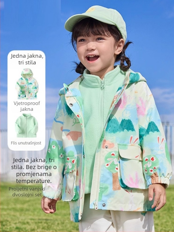 Unisex fleec set od dvije komponente jakna s kapuljačom – kamuflažni uzorak, poliester tkanina i podstava, za djecu 3–8 godina, zadržava toplinu i štiti od vjetra