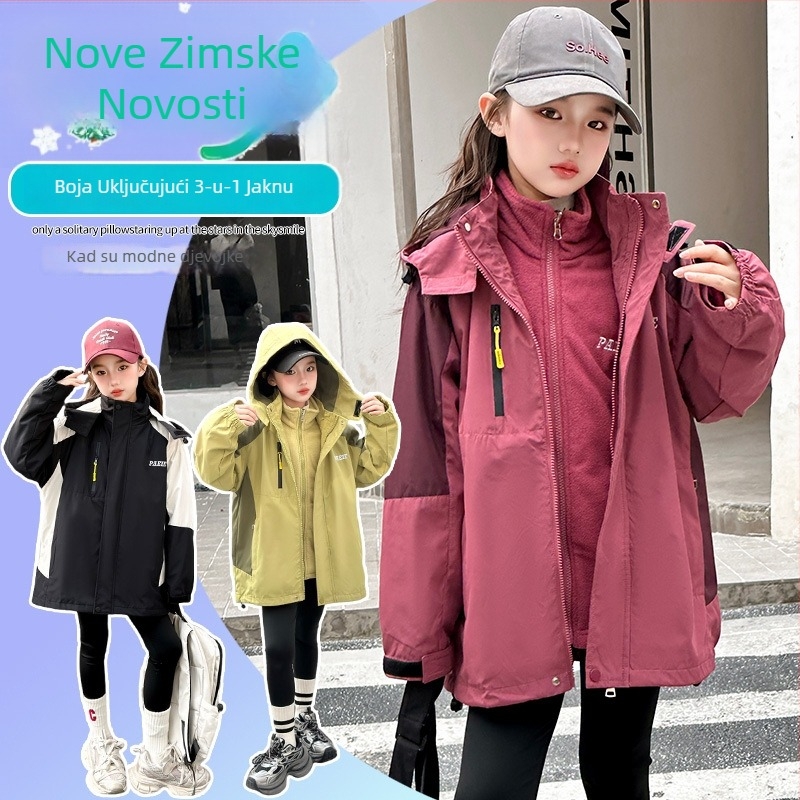 Dječja jakna 3-u-1 s odvojivim dizajnom za jesen 2025 – kapuljača, dugi rukav, zip zatvaranje, srednja duljina, vanjski materijal od poliestera, podstava od pamuka