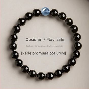 Ručni izrađeni narukvica od obsidijana s ametistom i akvamarinom, budističke perle, certifikat autentičnosti