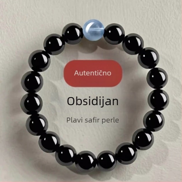 Ručni izrađeni narukvica od obsidijana s ametistom i akvamarinom, budističke perle, certifikat autentičnosti