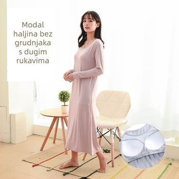 Modalna noćna haljina s dugim rukavima, okrugli izrez, ležeran kroj, bez grudnjaka, kućna haljina