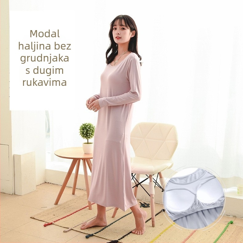 Modalna noćna haljina s dugim rukavima, okrugli izrez, ležeran kroj, bez grudnjaka, kućna haljina
