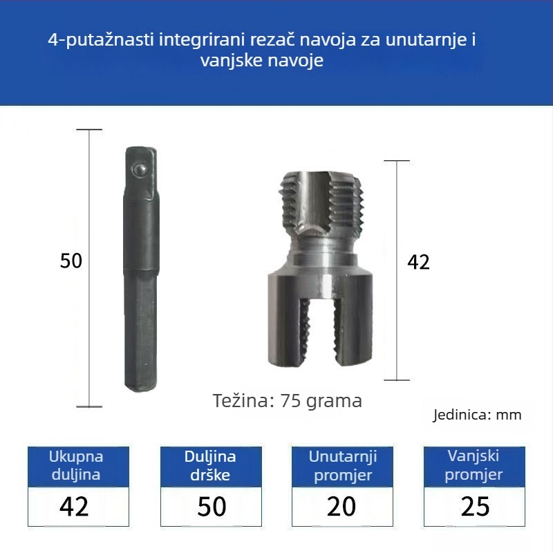 Alat za navojenje cijevi s unutarnjom i vanjskom integracijom, od ugljičnog čelika (Format: Formula; 1 komplet; Za kućnu upotrebu; Kompatibilno s PPR/PE cijevima)