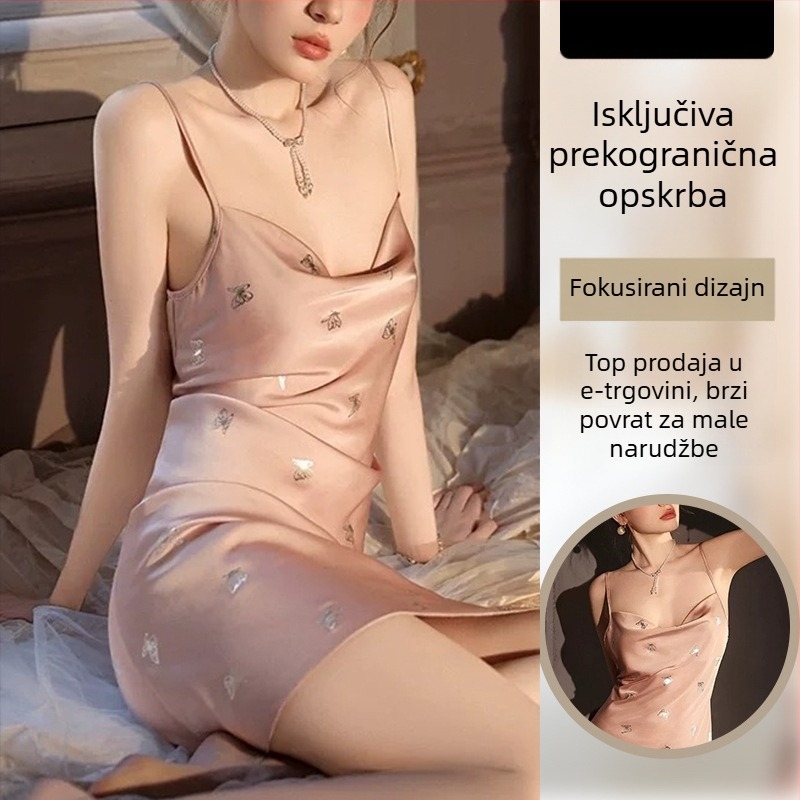 Ženske pidžame od ice-silk, camisole stil, ultra tanka tkanina, bez ovratnika, ljetni set pidžama