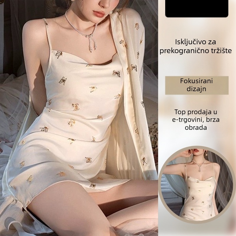 Ženske pidžame od ice-silk, camisole stil, ultra tanka tkanina, bez ovratnika, ljetni set pidžama