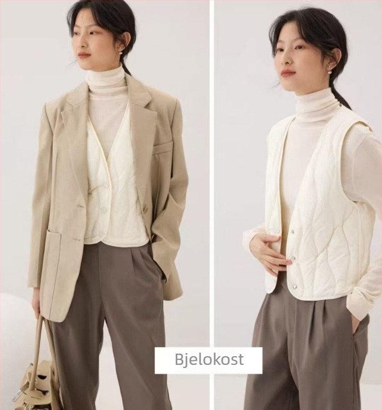 Ženski tanak puffer vest s V izrezom, 90% perje, lagan, bez rukava, slim fit, za jesen i zimu