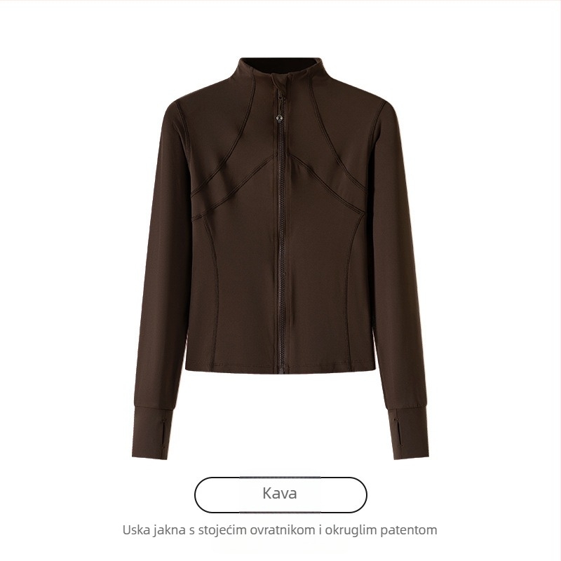 Ženska sportska jakna od najlona i spandeksa, uski kroj, stojeći ovratnik sa zipom, dugi rukavi, duljina 50–65 cm