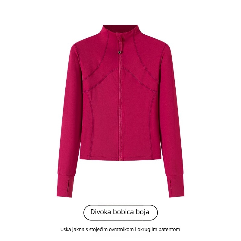 Ženska sportska jakna od najlona i spandeksa, uski kroj, stojeći ovratnik sa zipom, dugi rukavi, duljina 50–65 cm