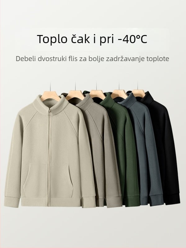 Muška zimska jakna od polar fleecea sa stojećim ovratnikom, kapuljom, zatvaračem, višestrukim džepovima