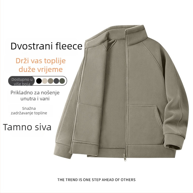 Muška zimska jakna od polar fleecea sa stojećim ovratnikom, kapuljom, zatvaračem, višestrukim džepovima
