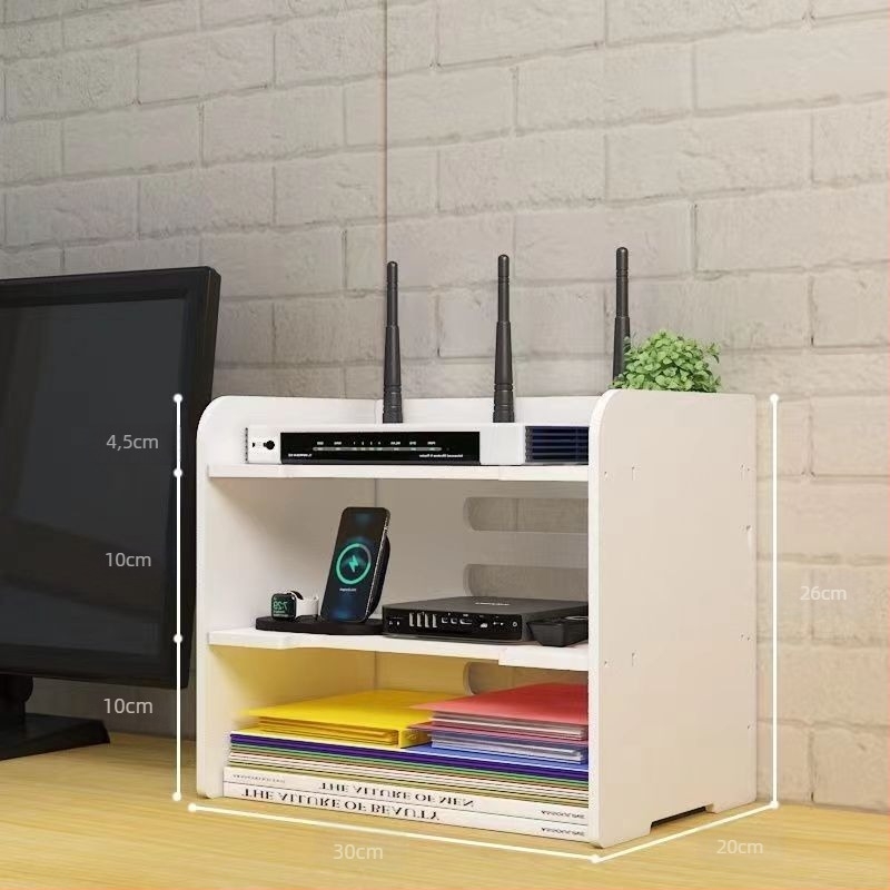 4-slojna stolna polica za Wi-Fi router i kabele, ploča od drvo-plastike, prašinu otporna, može se ukloniti, bez bušenja, pogodna za stolnu površinu, spavaću sobu i dnevnu sobu