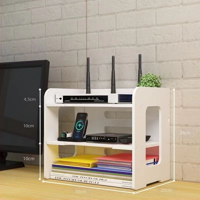 4-slojna stolna polica za Wi-Fi router i kabele, ploča od drvo-plastike, prašinu otporna, može se ukloniti, bez bušenja, pogodna za stolnu površinu, spavaću sobu i dnevnu sobu