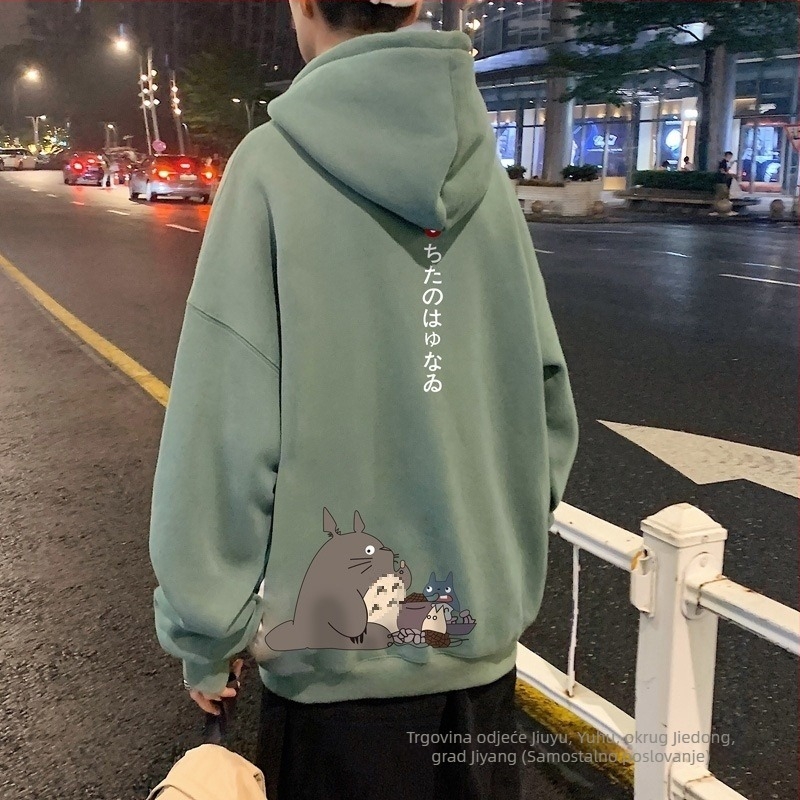 Muški hoodie u japanskom stilu s karikaturom, vunena podstava, poliester, širok kroj, dugi rukavi