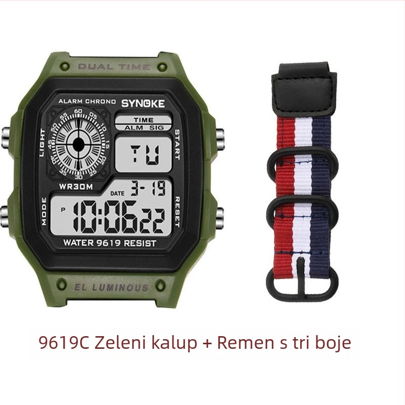 Elektronički sat s remenom od najlona, kopčom s tri prstena, digitalni prikaz, vodootpornost 30m, mehanizam S006